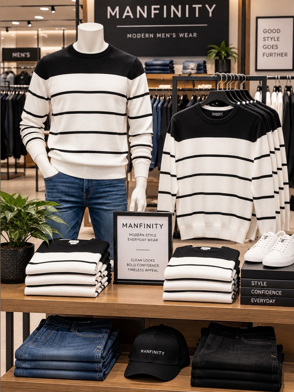 🖤NWOT🤍MANFINITY Men’s Black & White Striped Sweater – Size XL